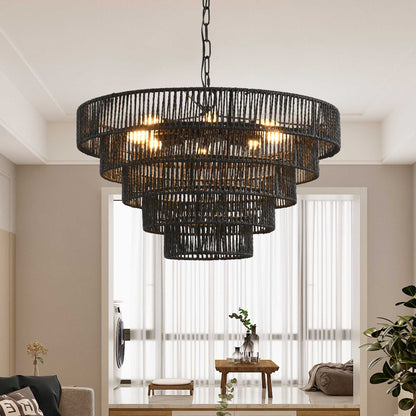 24" Rustic 5-Tier Black Hemp Rope Pendant Light Chandelier with 8 E12 Sockets, Boho Farmhouse Ceiling Fixture for Dining Room, Kitchen, or Entryway (Bulb Not Included) - luxuryhomedecoridea.com