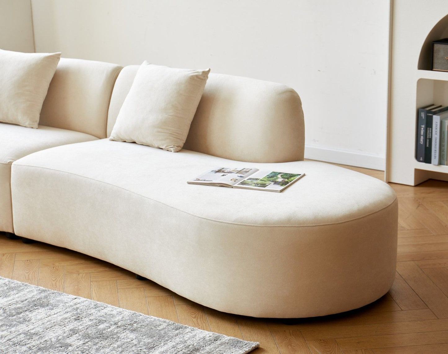 132" Curved Sofa with Throw Pillows, 6 Seater Luxury Velvet Couch with Half Moon Design and High-Density Foam, Ideal for Modern Living Room, Office & Apartment, Ivory - luxuryhomedecoridea.com