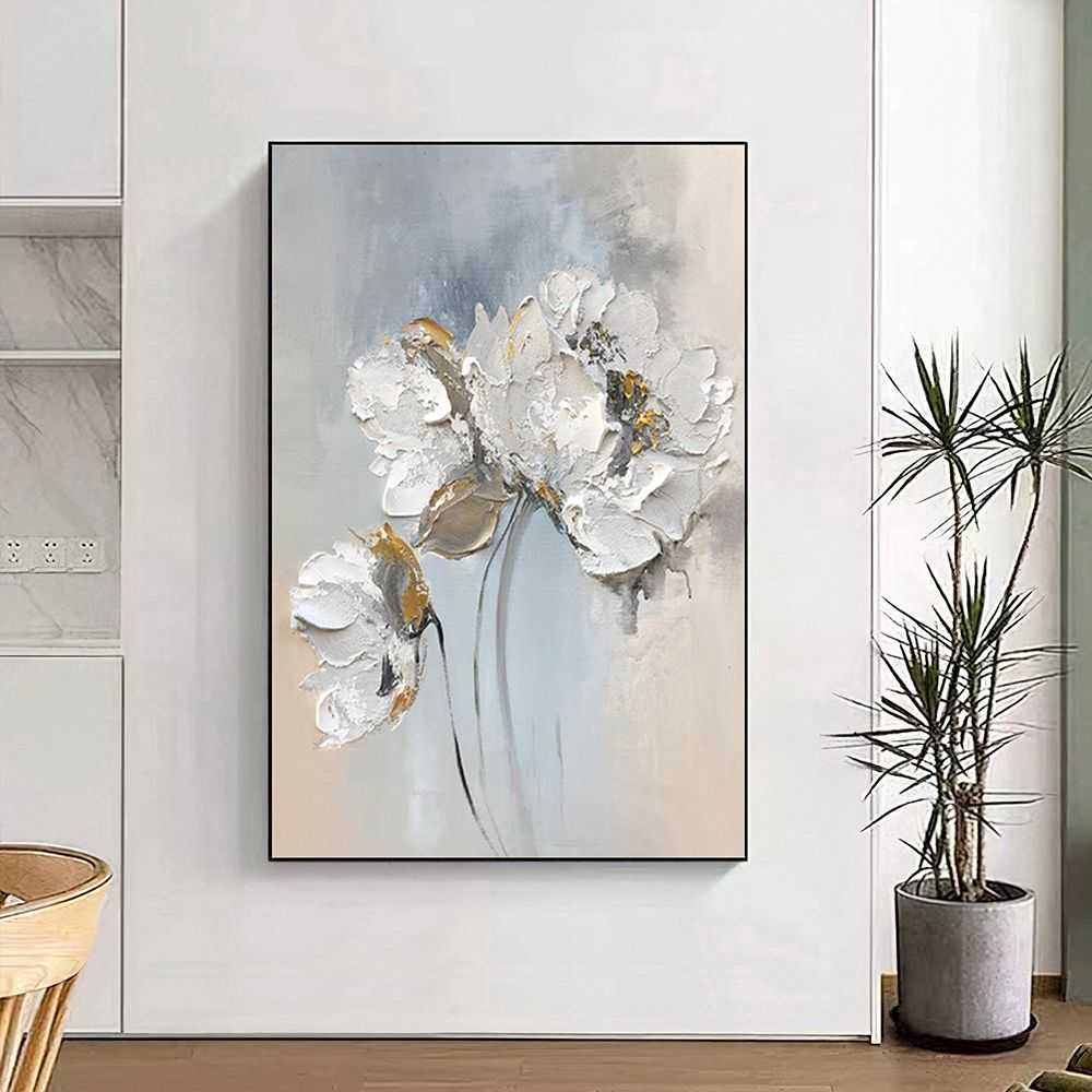 Handmade Oil Painting Fancy Wall Art Personalized Gifts Abstract White Floral Painting On canvas Large Flower Oil Painting Minimalist Modern Living Room Painting - luxuryhomedecoridea.com