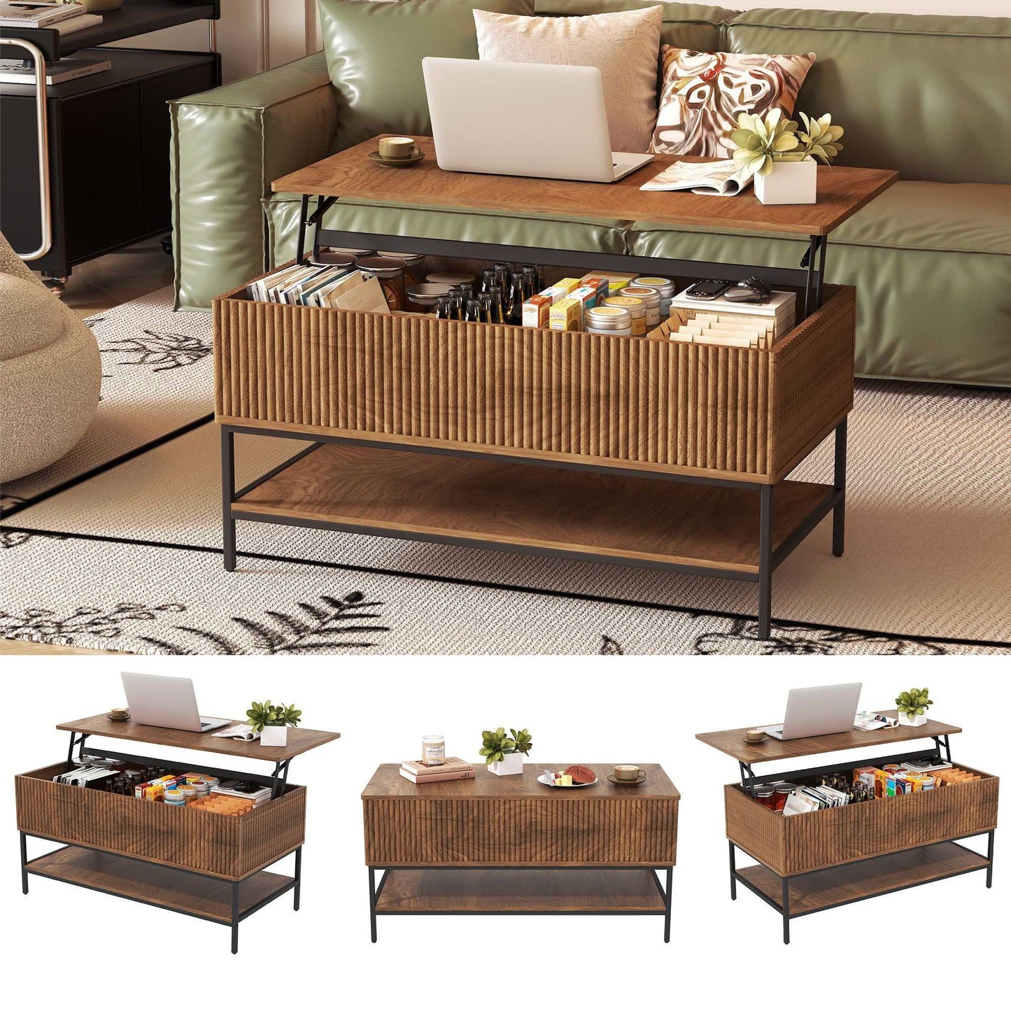 Lift Top Coffee Table 39.4 Inch Rectangle, Farmhouse Style with Hidden Storage & Lower Shelf, Sturdy Steel Legs, Easy Assembly for Living Room, Rustic Brown - luxuryhomedecoridea.com