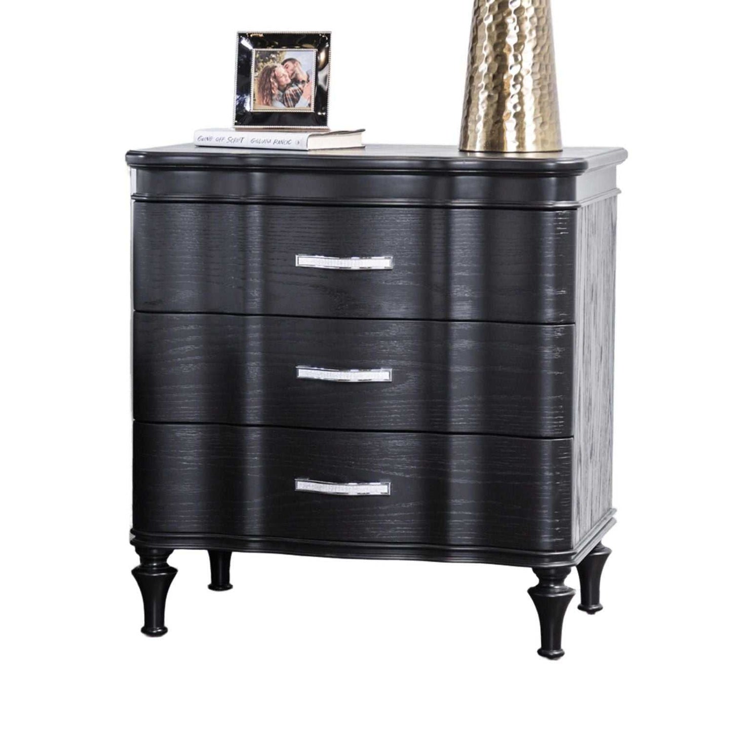 Glam Stylish Modern Black 1pc Nightstand Solidwood Turned Wood Leg Curved Front Panels Bedroom Furniture Bedside - luxuryhomedecoridea.com