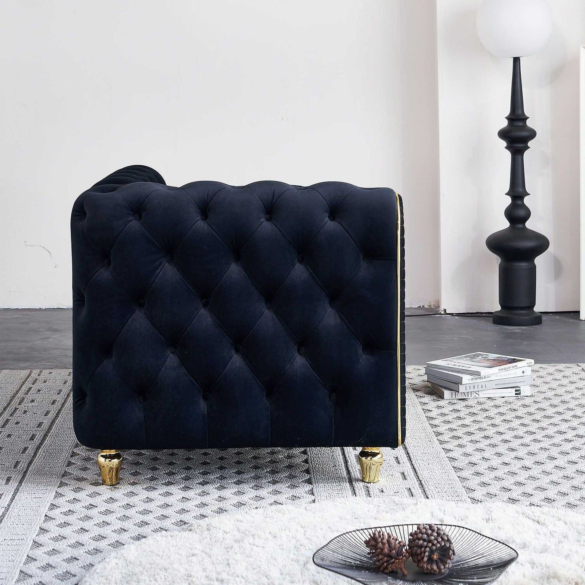 66.9''W Velvet Chaise Lounge,Luxury Modern Chaise Furniture,Tufted Back with 2pcs toss pillows for Living Room,Bedroom,Apartment,Black Color - luxuryhomedecoridea.com