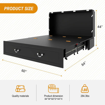 Queen Size Murphy Bed Frame with Drawers Murphy Chest Bed with Charging Station, 2 USB Ports Mobile Murphy Bed Sleeping Arrangement for Multipurpose Area for Bedroom Living Room Guest Room White&Wood - luxuryhomedecoridea.com