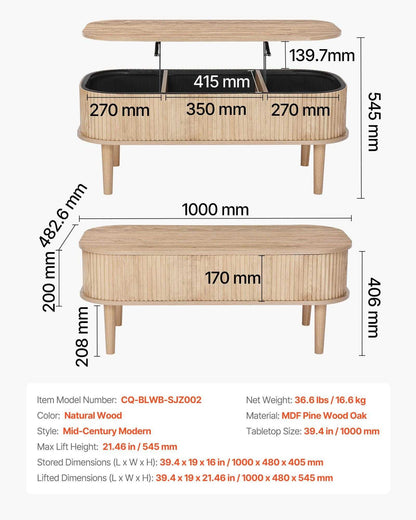 39.4 in Lift Top Coffee Table, Fluted Oval Coffee Table with 3 Hidden Compartment, Mid Century Wooden Oval Center Desk with Storage, Lift Up Tabletop for Home & Office, Easy Assembly, Burlywood - luxuryhomedecoridea.com