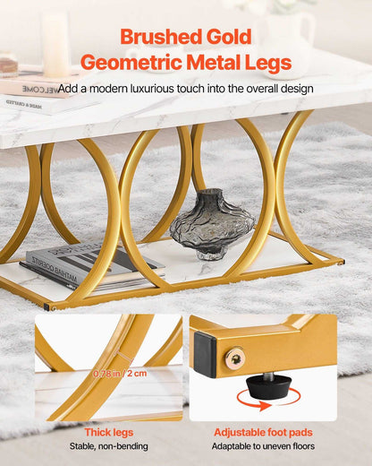 Coffee Table, Modern Faux Marble Coffee Table, 2-Tier Rectangle Center Desk with Geometric Legs, Minimalist Sturdy Metal Frame Accent End Desk for Living Room, Office, Easy Assembly, White - luxuryhomedecoridea.com