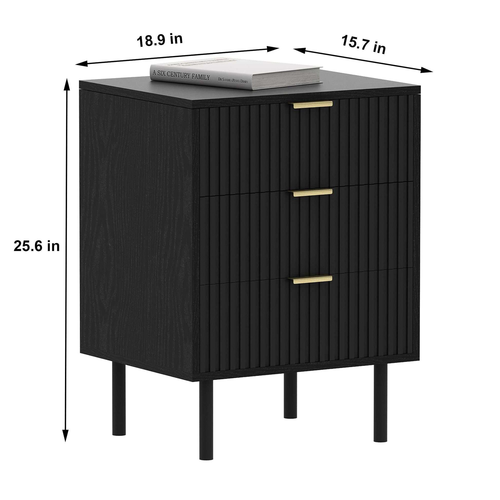conifferism Fluted Black Nightstand 3 Drawers, Bedroom 26' Tall Bedside Night Stand, Modern Bed Side End Table Living Room, 19' Small Space Mid Century Storage Cabinet - luxuryhomedecoridea.com