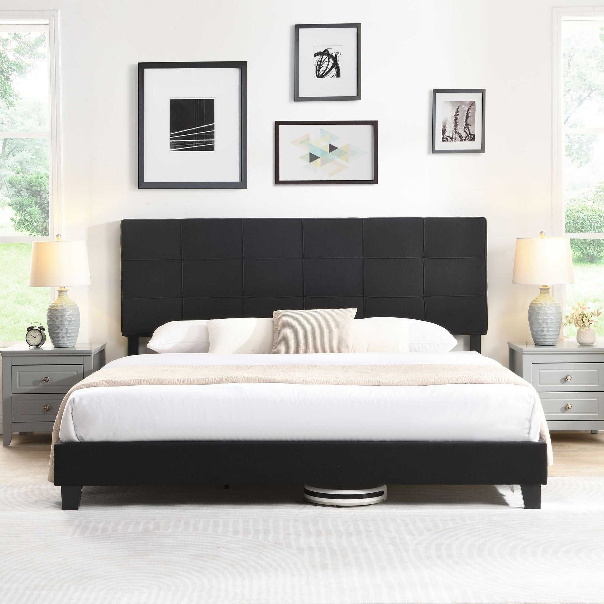 King Size Upholstered Platform Bed Frame with Linen Fabric Headboard, No Box Spring Needed, Wood Slat Support, Easy Assembly, BLACK - luxuryhomedecoridea.com