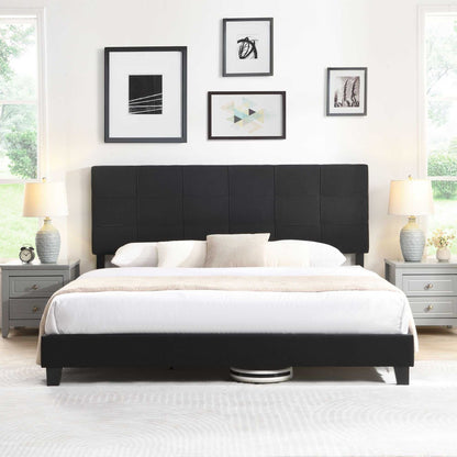 King Size Upholstered Platform Bed Frame with Linen Fabric Headboard, No Box Spring Needed, Wood Slat Support, Easy Assembly, BLACK - luxuryhomedecoridea.com