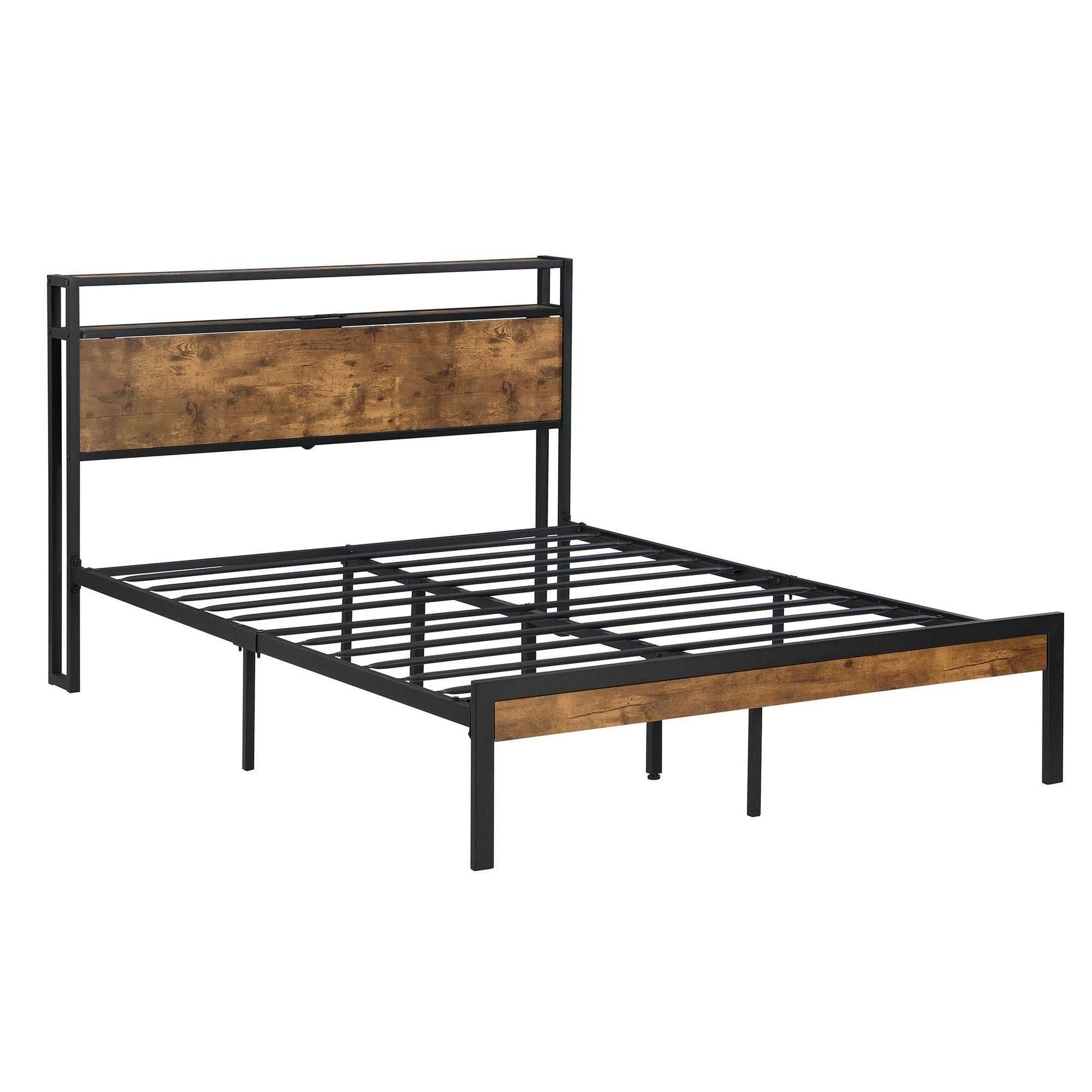 Queen Size Metal Platform Bed Frame with Wooden Headboard and Footboard with USB LINER, No Box Spring Needed, Large Under Bed Storage, Easy Assemble - luxuryhomedecoridea.com