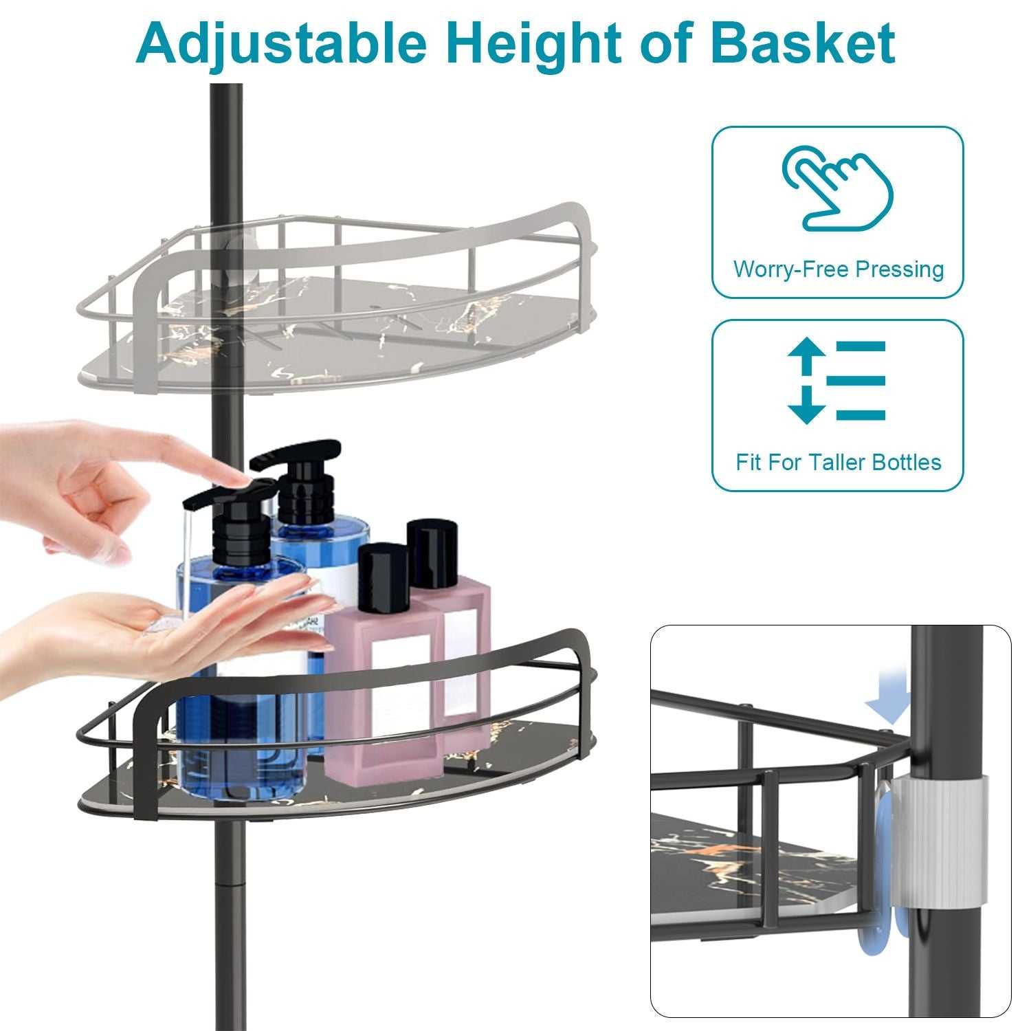 Corner Shower Caddy Tension Pole, Quick Setup, Rust-Free Bathroom Shower Organizer Corner for Bathtub Shampoo Storage, 4-Tier Adjustable Shelf, Drill Free, Fits 8.66 to 116 Inch Height, Black - luxuryhomedecoridea.com