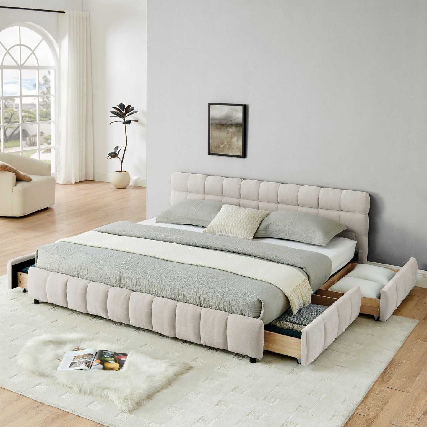 King Size Upholstered Bed ,comfortable upholstered bed frame, Chenille fabric, with headboard and solid bed frame. With drawer for storage.-Beige(88.5''*85.5''*31'') - luxuryhomedecoridea.com