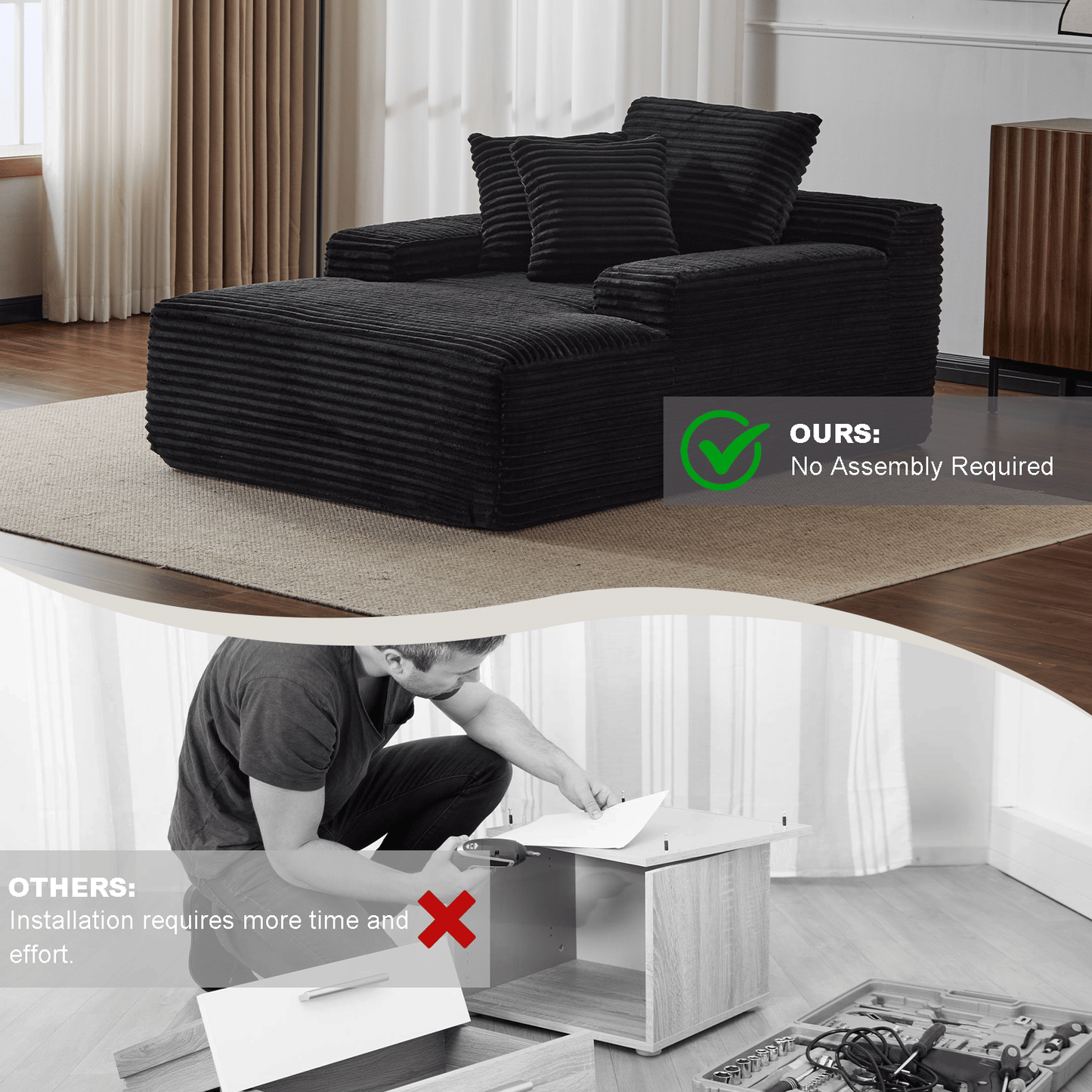 Double Chaise Lounge Chair Indoor,Oversized Upholstered Sleeper Cloud Couch,Deep Seat Luxury Sofa Bed,Sectional Sofa Chaise Love-seat,Corduroy Reading Chair for Living Room,No Assembly Required - luxuryhomedecoridea.com