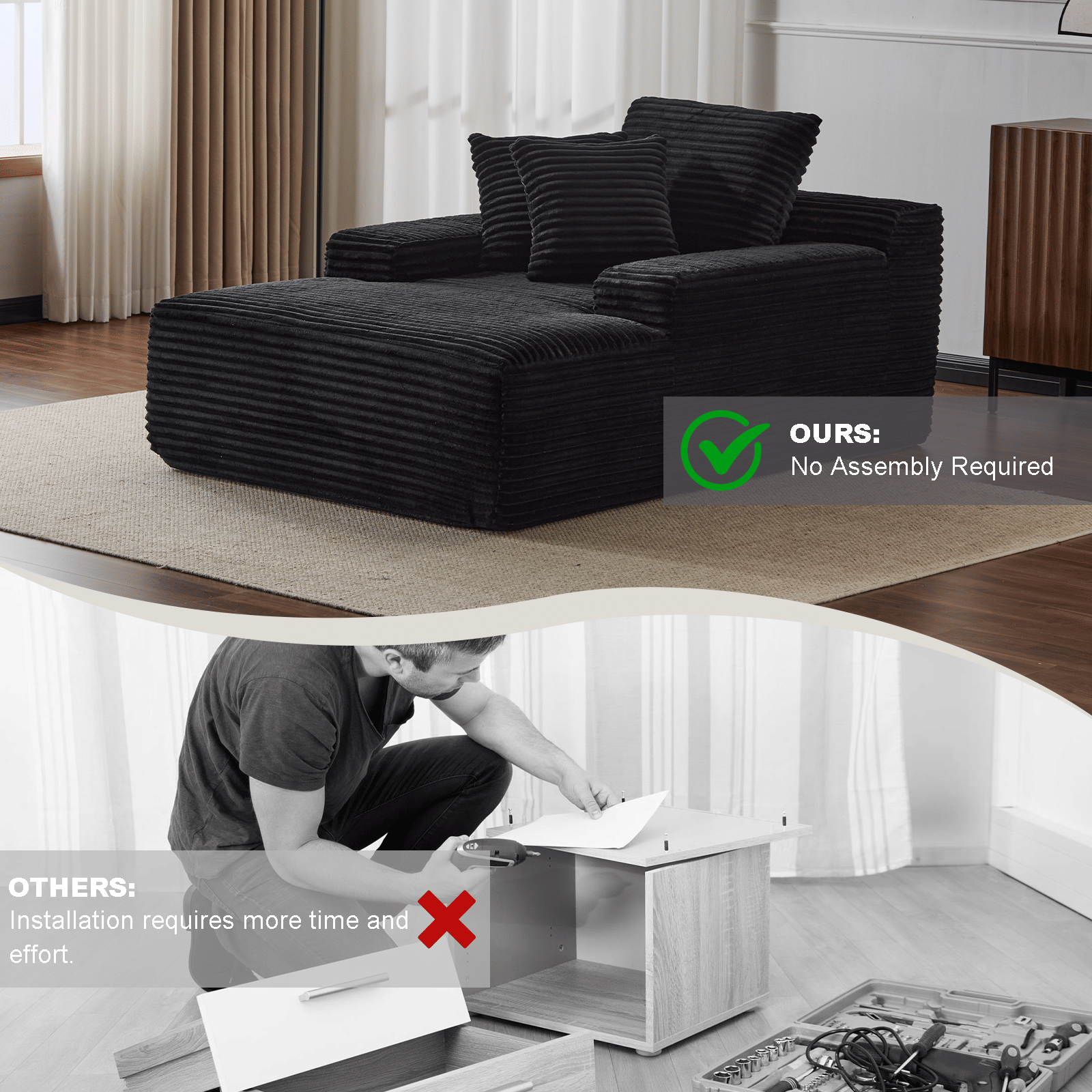 Double Chaise Lounge Chair Indoor,Oversized Upholstered Sleeper Cloud Couch,Deep Seat Luxury Sofa Bed,Sectional Sofa Chaise Love-seat,Corduroy Reading Chair for Living Room,No Assembly Required - luxuryhomedecoridea.com