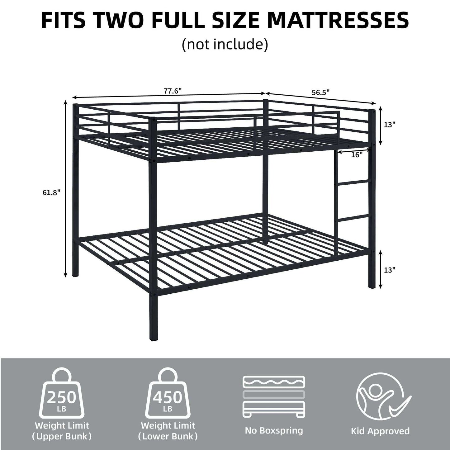 Full Over Full Bunk Bed, Heavy Duty Metal Bunk Bed Frame with Built-in Ladder and Safety Guard Rail, Low Metal Bunk Bed Frame for Kids, No Boxspring Required, For Small Spaces, Black - luxuryhomedecoridea.com