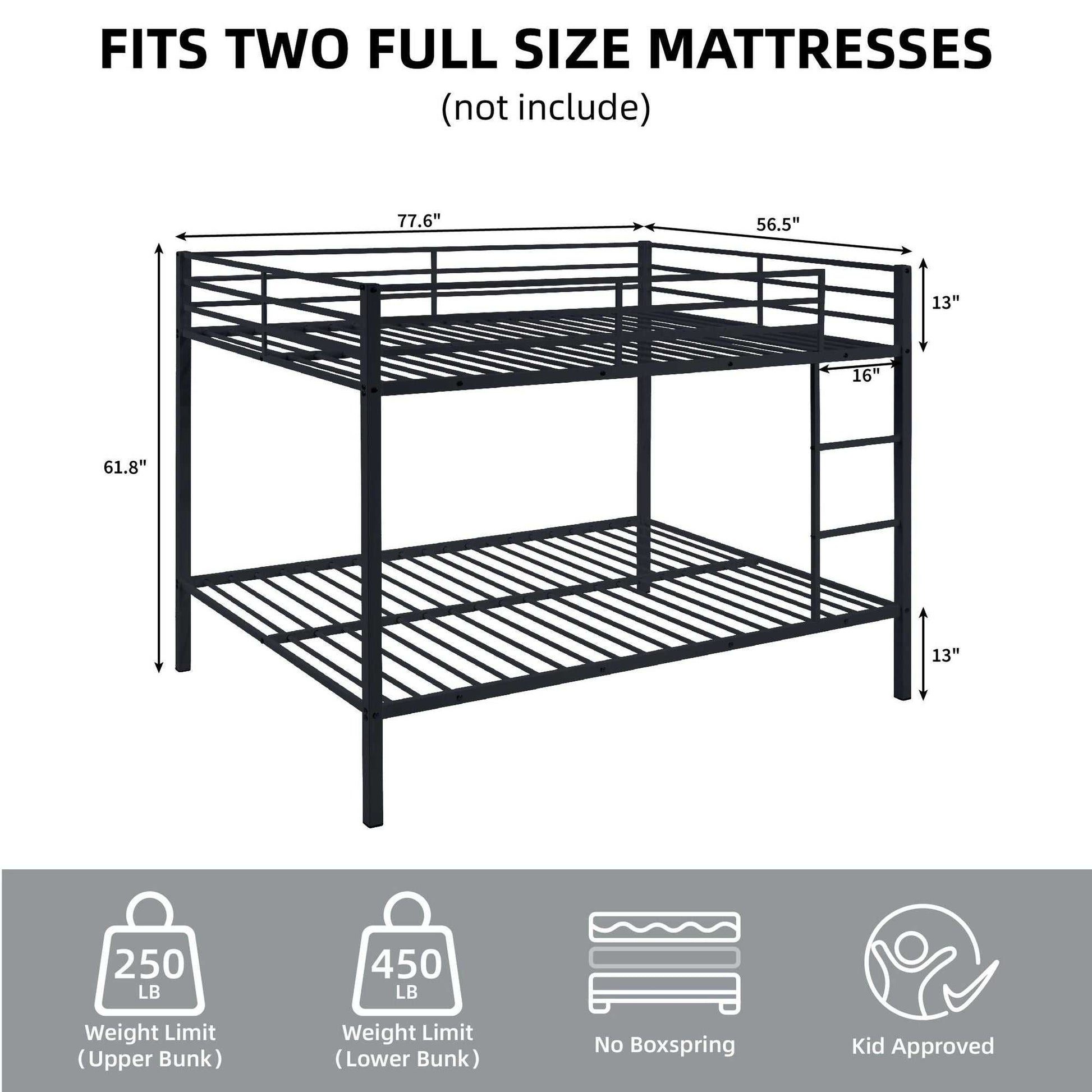 Full Over Full Bunk Bed, Heavy Duty Metal Bunk Bed Frame with Built-in Ladder and Safety Guard Rail, Low Metal Bunk Bed Frame for Kids, No Boxspring Required, For Small Spaces, Black - luxuryhomedecoridea.com