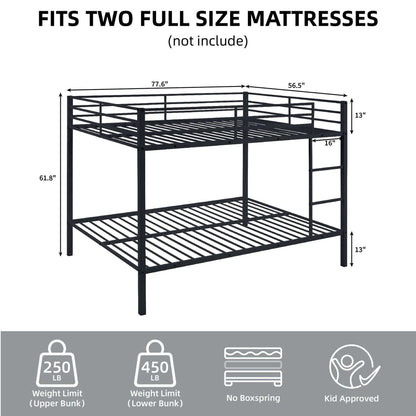 Full Over Full Bunk Bed, Heavy Duty Metal Bunk Bed Frame with Built-in Ladder and Safety Guard Rail, Low Metal Bunk Bed Frame for Kids, No Boxspring Required, For Small Spaces, Black - luxuryhomedecoridea.com
