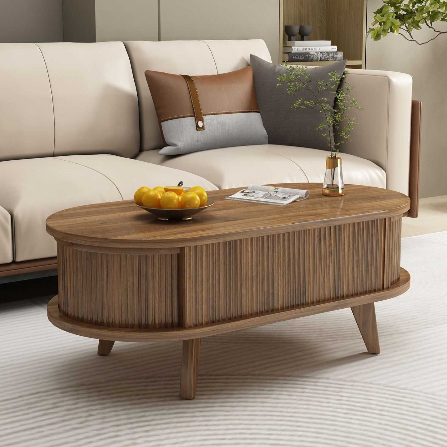 Fluted Lift Top Coffee Table with Hidden Compartment, Wooden Center Table, Modern Oval Lift Tabletop for Home Living Room Office, Walnut Brown Color - luxuryhomedecoridea.com