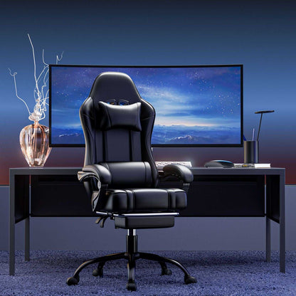 Video Game Chairs for Adults, PU Leather Gaming Chair with Footrest, 360°Swivel Adjustable Lumbar Pillow Gamer Chair, Comfortable Computer Chair for Heavy People - luxuryhomedecoridea.com