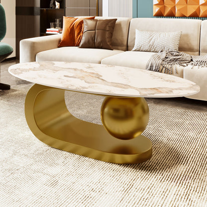 Modern Oval Coffee Table for Living Room, Marble Pattern Sintered Stone Coffee Tabletop with Gold Stainless Steel Base in 47.2" - luxuryhomedecoridea.com