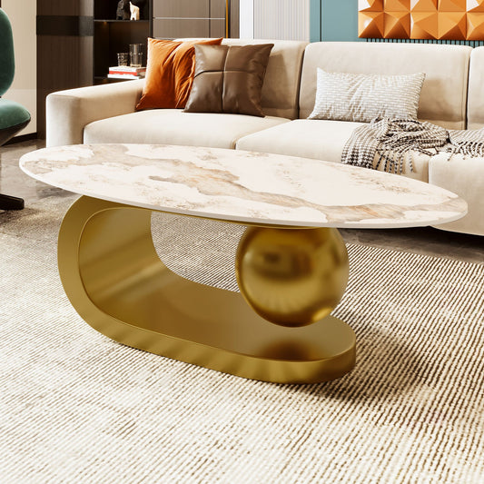 Modern Oval Coffee Table for Living Room, Marble Pattern Sintered Stone Coffee Tabletop with Gold Stainless Steel Base in 47.2" - luxuryhomedecoridea.com