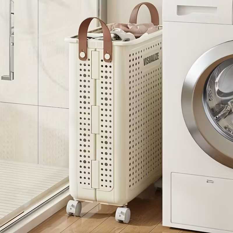 Collapsible Laundry Basket with Wheels, Medium-Large White Ceramic Look Hamper with Faux Leather Handles, Portable and Durable Clothes Storage Bin for Bathroom, Balcony, and Home Organization - luxuryhomedecoridea.com