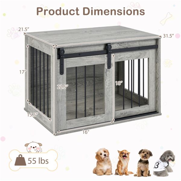 31.5" Dog Crate Furniture with Sliding Barn Door, Wooden Dog Kennel End Table for Indoor Use - Gray - luxuryhomedecoridea.com