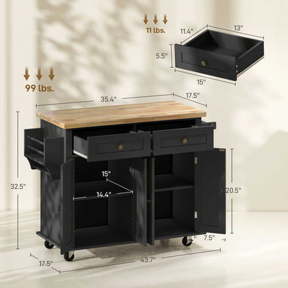 Kitchen Island Cart with Rubber Wood Top, Rolling Kitchen Island Table on Wheels with Drawers, Adjustable Shelves, Spice Rack and Towel Rack for Dining Room, Black - luxuryhomedecoridea.com