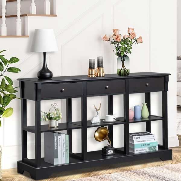Console Sofa Table with Ample Storage; Retro Kitchen Buffet Cabinet Sideboard with Open Shelves and 3 Drawers; Accent Storage Cabinet for Entryway/Living Room Black Color - luxuryhomedecoridea.com