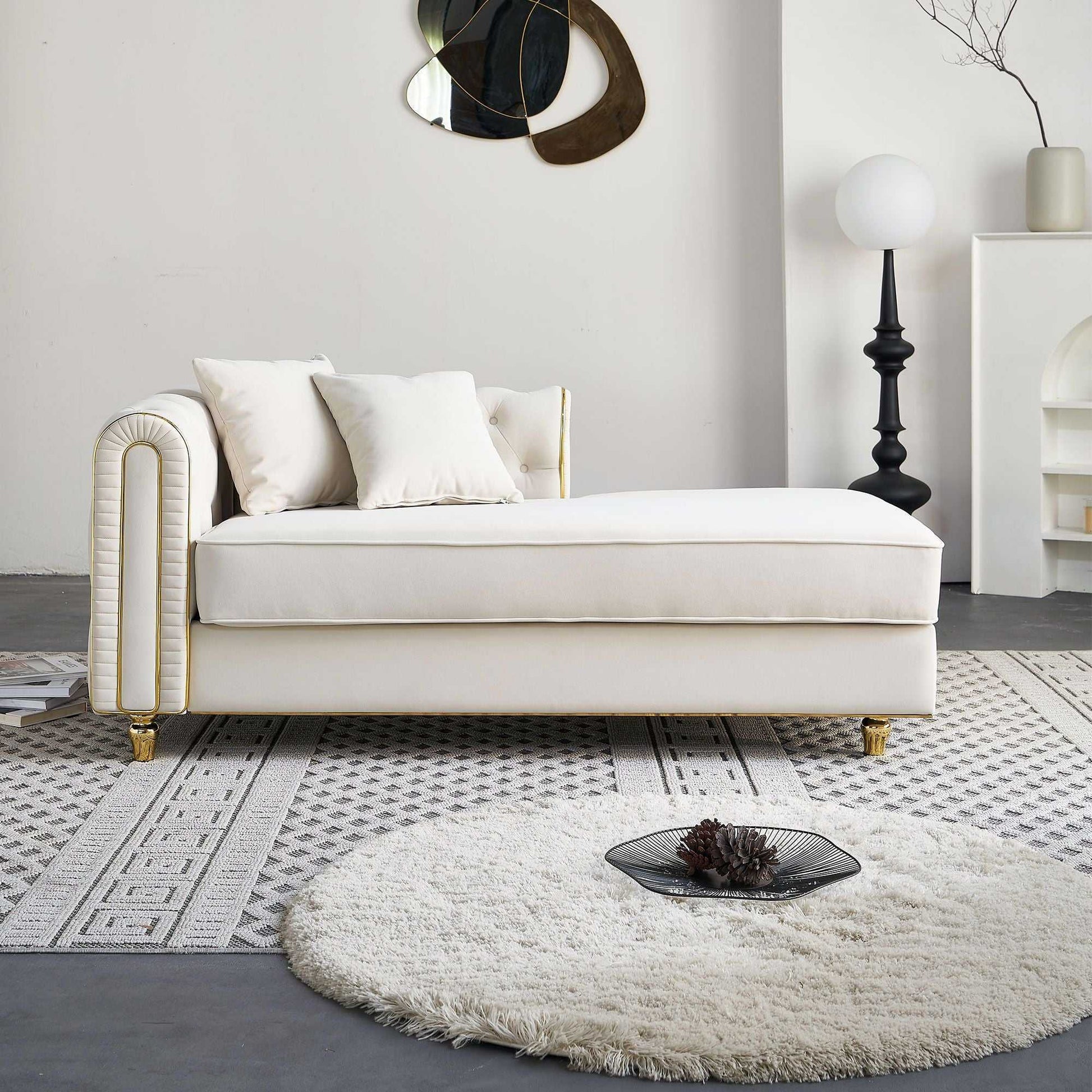 66.9''W Velvet Chaise Lounge,Luxury Modern Chaise Furniture,Tufted Back with 2pcs toss pillows for Living Room,Bedroom,Apartment,Beige Color - luxuryhomedecoridea.com