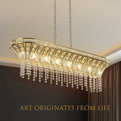 39" Modern Crystal Linear Rectangle Chandelier with Gold Finish, Elegant Pendant Light with Cascading Beads, for Dining Room, Living Room, or Foyer (Bulb Not Included) - luxuryhomedecoridea.com