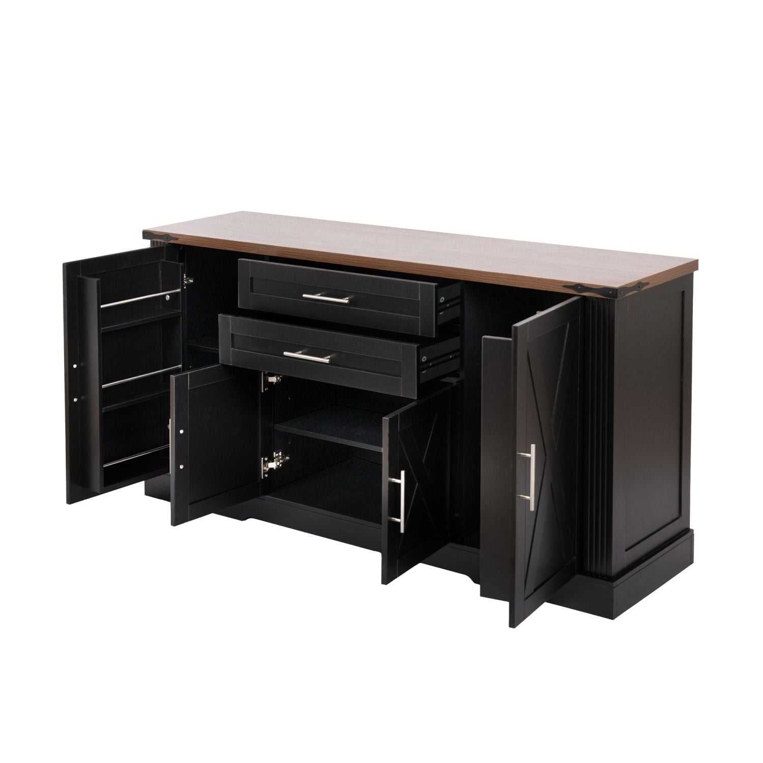 63" Farmhouse Barn Door Storage Cabinet with 2 Drawers & Door Rack, Large Buffet Table Coffee Bar Cabinets with Adjustable Shelves for Kitchen, Living Room, Entryway, Dining Room, Black - luxuryhomedecoridea.com
