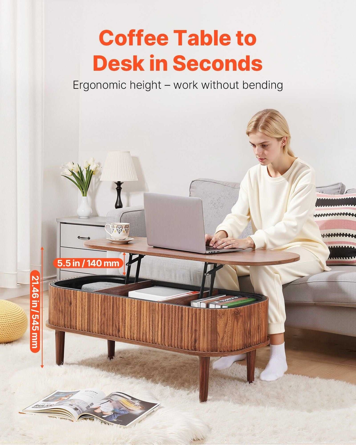 39.4 in Lift Top Coffee Table, Fluted Oval Coffee Table with 3 Hidden Compartment, Mid Century Wooden Oval Center Desk with Storage, Lift Up Tabletop for Home & Office, Easy Assembly, Walnut - luxuryhomedecoridea.com