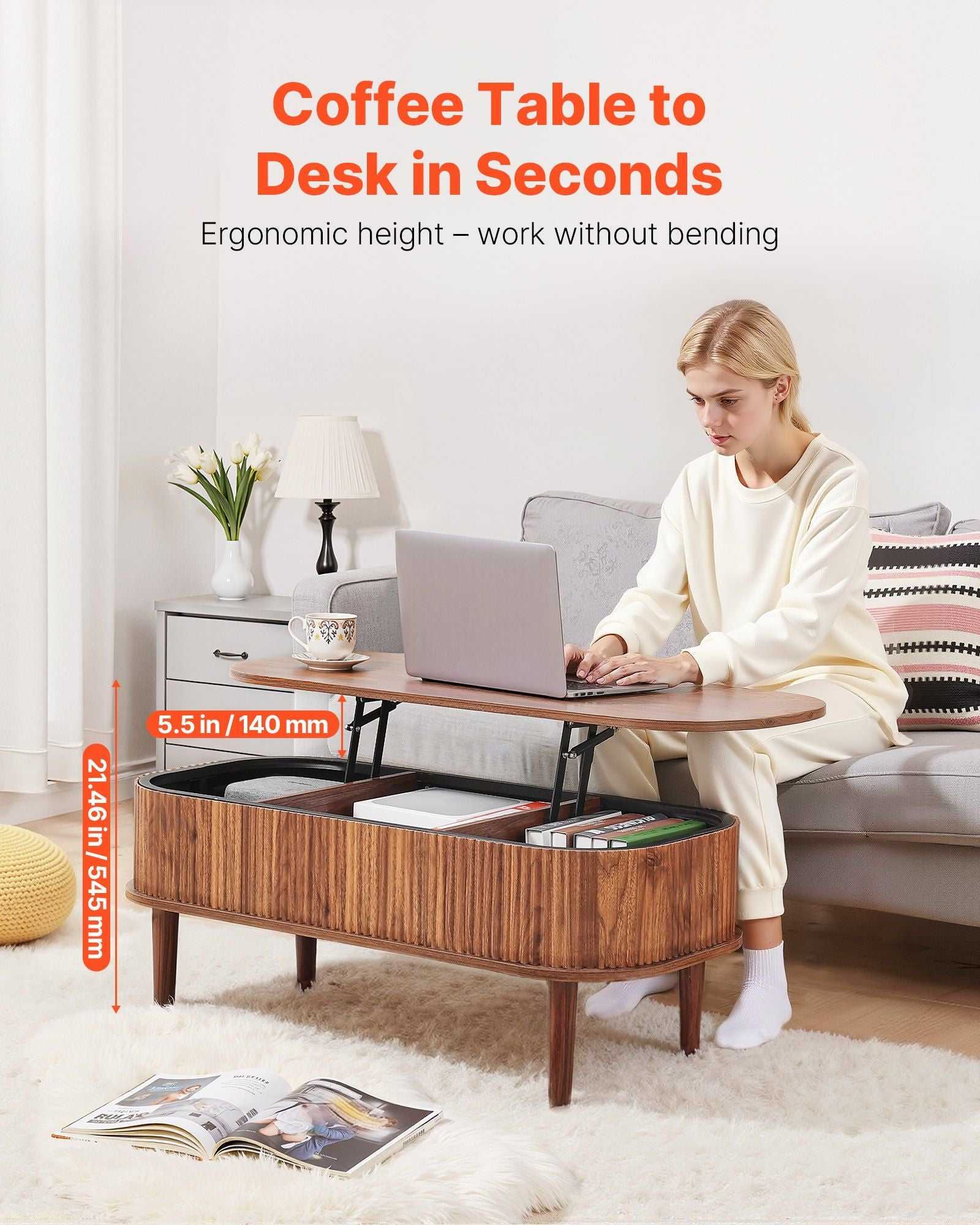 39.4 in Lift Top Coffee Table, Fluted Oval Coffee Table with 3 Hidden Compartment, Mid Century Wooden Oval Center Desk with Storage, Lift Up Tabletop for Home & Office, Easy Assembly, Walnut - luxuryhomedecoridea.com