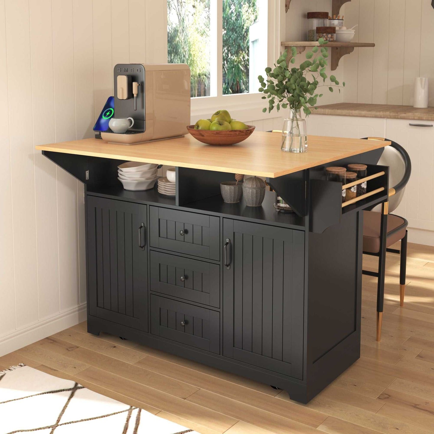 55.7" Large Kitchen Island with 2 Drop Leaf,Rolling Kitchen Cart on 5 Wheels with Power Outlet, Folding Storage Dining Table with Spice & Towel Rack , 3 Drawers, for Kitchen, Dining Room - luxuryhomedecoridea.com