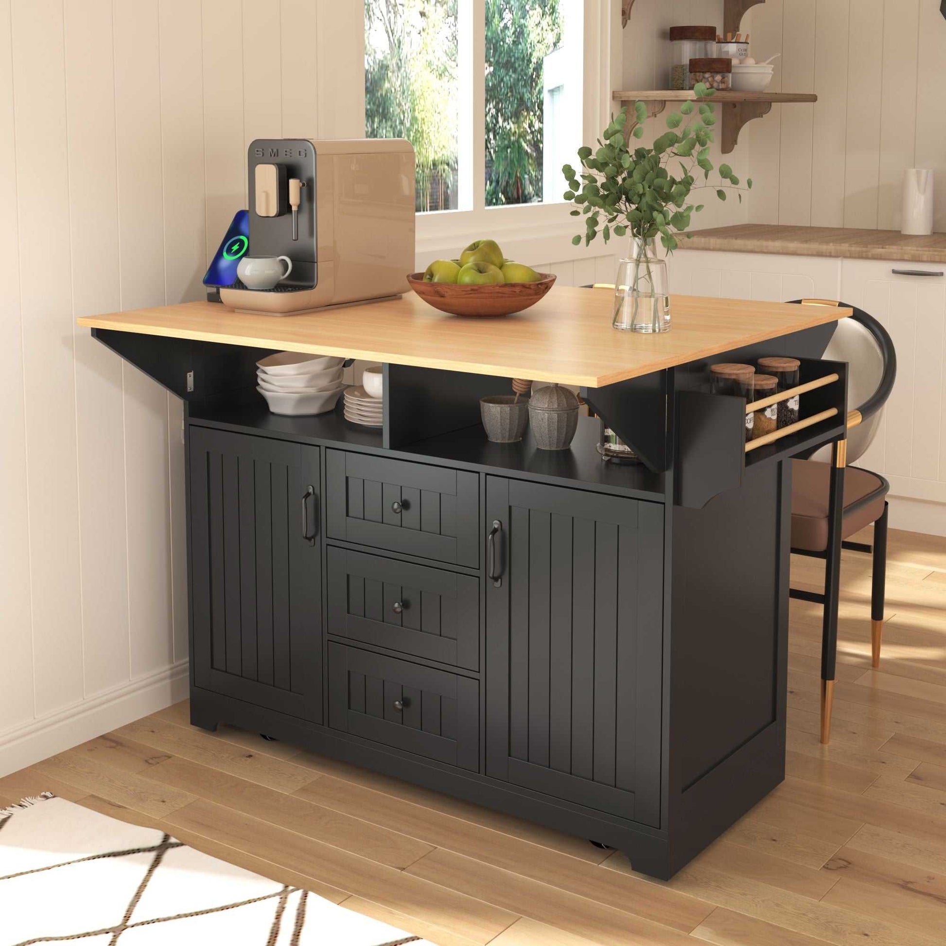 55.7" Large Kitchen Island with 2 Drop Leaf,Rolling Kitchen Cart on 5 Wheels with Power Outlet, Folding Storage Dining Table with Spice & Towel Rack , 3 Drawers, for Kitchen, Dining Room - luxuryhomedecoridea.com