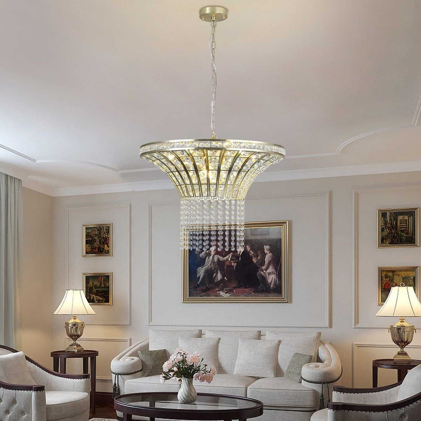 (Same as W1340P189414/L005016-D600-P8G) 24" Modern Crystal Round Chandelier with Gold Finish, Elegant Pendant Light with Cascading Beads, for Dining Room, Living Room, or Foyer (No Bulbs) - luxuryhomedecoridea.com