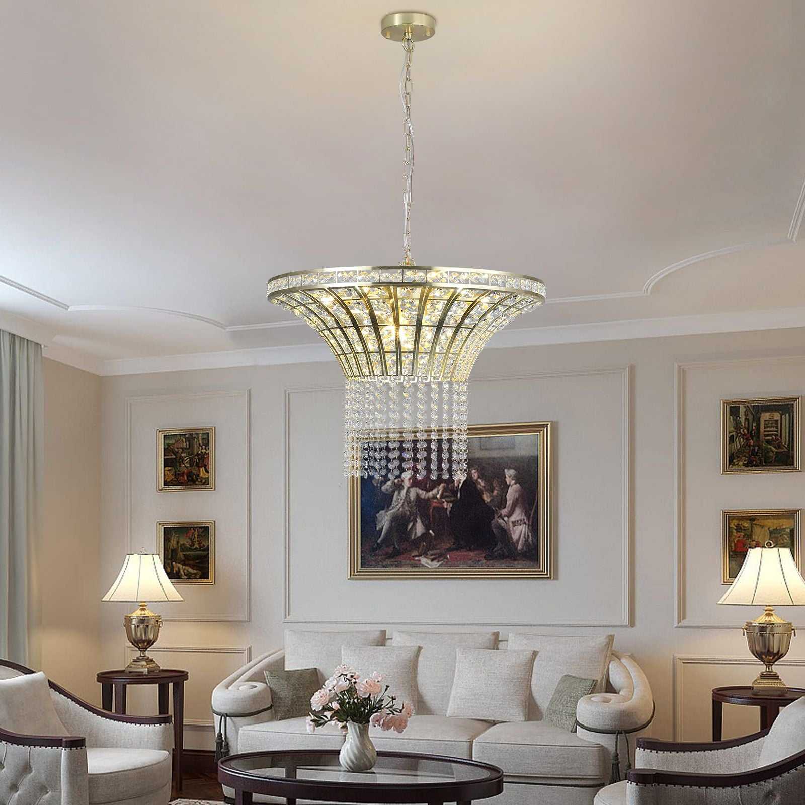 (Same as W1340P189414/L005016-D600-P8G) 24" Modern Crystal Round Chandelier with Gold Finish, Elegant Pendant Light with Cascading Beads, for Dining Room, Living Room, or Foyer (No Bulbs) - luxuryhomedecoridea.com