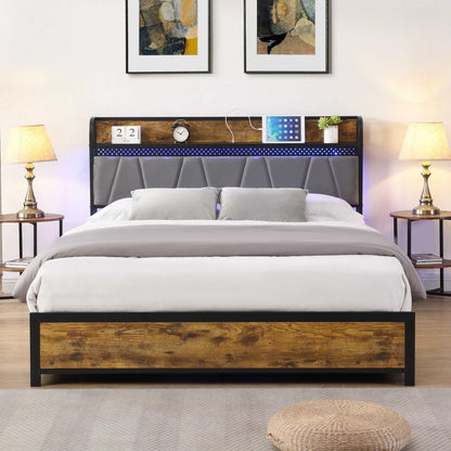 Queen Size Bed Frame, Storage Headboard with Charging Station and 4 Storage Drawers,LED Lights , Brown and Gray - luxuryhomedecoridea.com