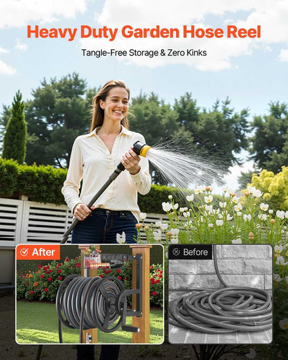 VEVOR Wall Mounted Garden Hose Reel, Holds 125 ft 5/8-inch Hose, Heavy-Duty Water Hose Winder, Space-Saving Design, Outdoor Manual Reel with Brass Fitting and Storage Basket for Yard Lawn - luxuryhomedecoridea.com