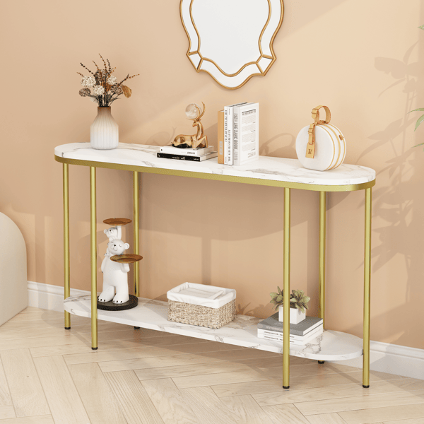 2-Tier Oval Console Table, White Faux Marble Top with Gold Metal Frame, Modern Entryway Table with Open Shelf, 42.1"×11.4"×30.5" Narrow Sofa Table for Hallway, Living Room & Foyer - luxuryhomedecoridea.com