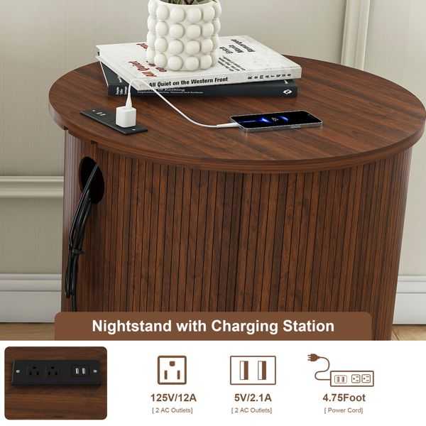 Mid Century Modern Cylinder End Table with Built-in Charging Station & Sliding Door, 2-Tier Storage Round Nightstand with USB Ports, Walnut Bedside Table for Living Room, Bedroom, Entryway - luxuryhomedecoridea.com