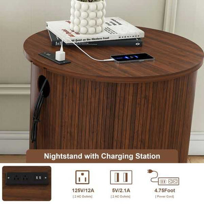 Mid Century Modern Cylinder End Table with Built-in Charging Station & Sliding Door, 2-Tier Storage Round Nightstand with USB Ports, Walnut Bedside Table for Living Room, Bedroom, Entryway - luxuryhomedecoridea.com