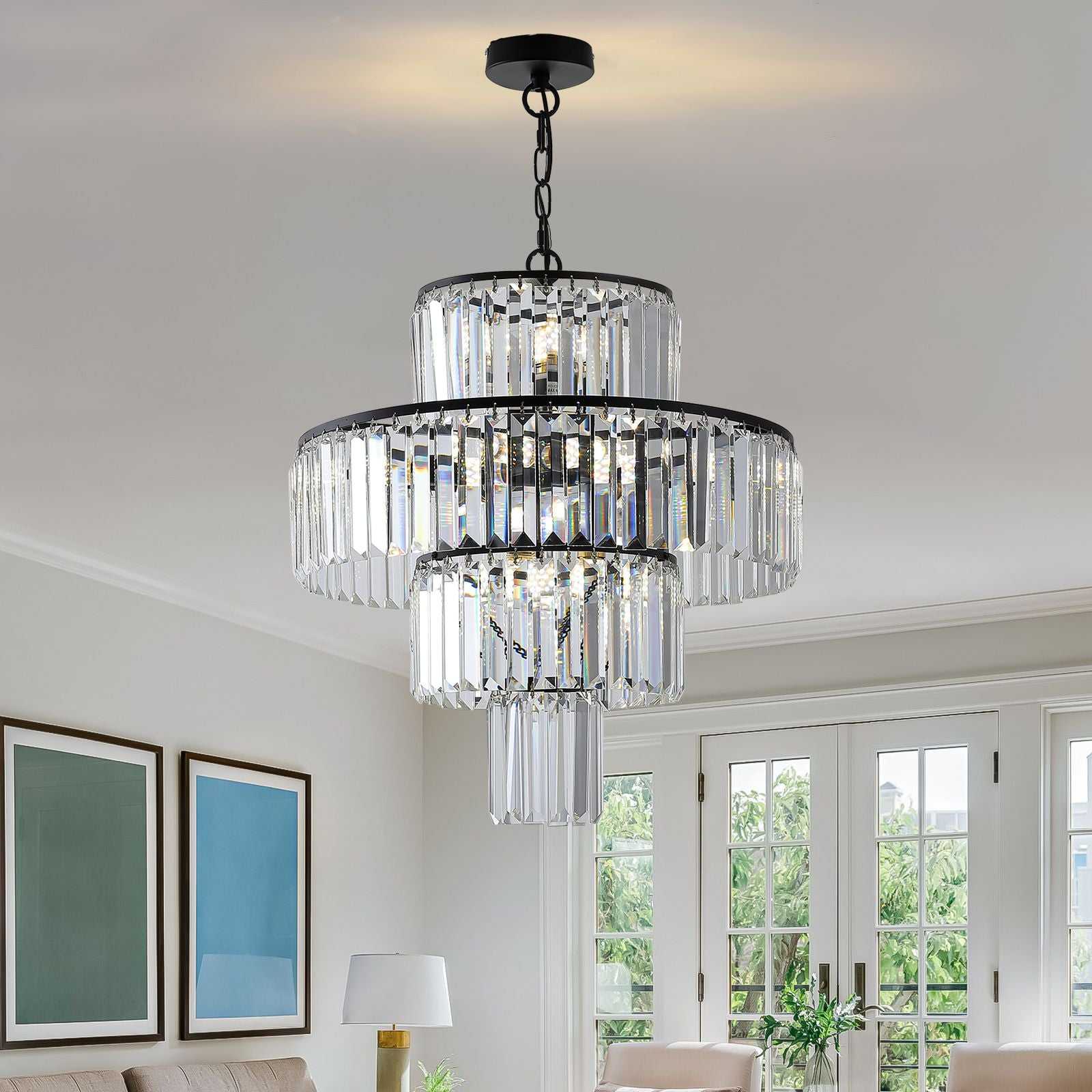 20" Modern Crystal Chandelier with Black Finish, 4-Tier Design for Dining Room or Living Room, Elegant Crystal Pendant Light Fixture (Bulb Not Included) - luxuryhomedecoridea.com