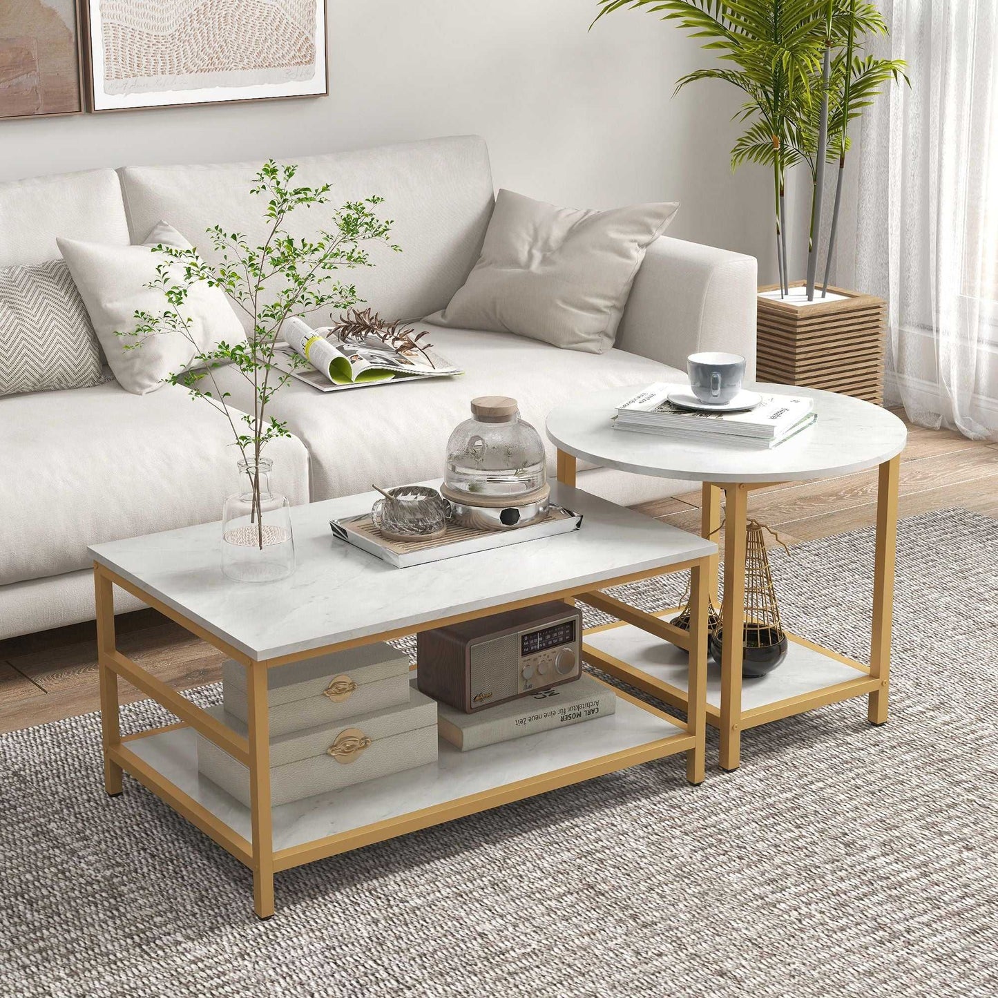 Coffee Tables Sets of 2, Rectangle and Round Coffee Table with Storage Shelves, Faux Marble Top, Living Room Table Set, White - luxuryhomedecoridea.com