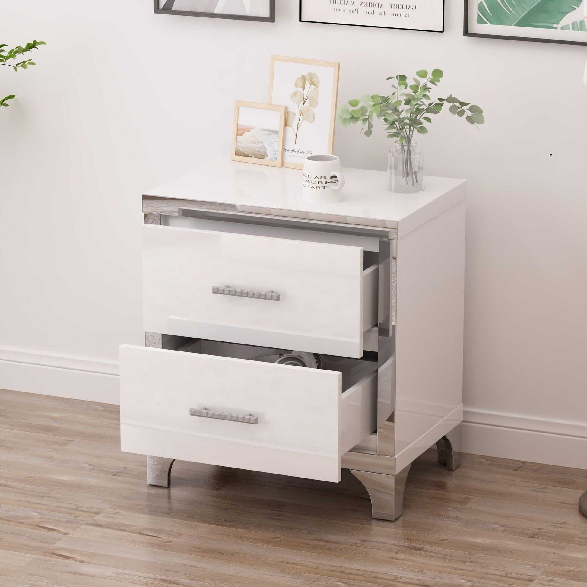 Elegant High Gloss Nightstand with Metal Handle,Mirrored Bedside Table with 2 Drawers for Bedroom,Living Room - luxuryhomedecoridea.com