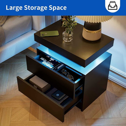 Nightstand LED Bedside Table Cabinet Lights Modern End Side with 2 Drawers for Bedroom (Black) - luxuryhomedecoridea.com
