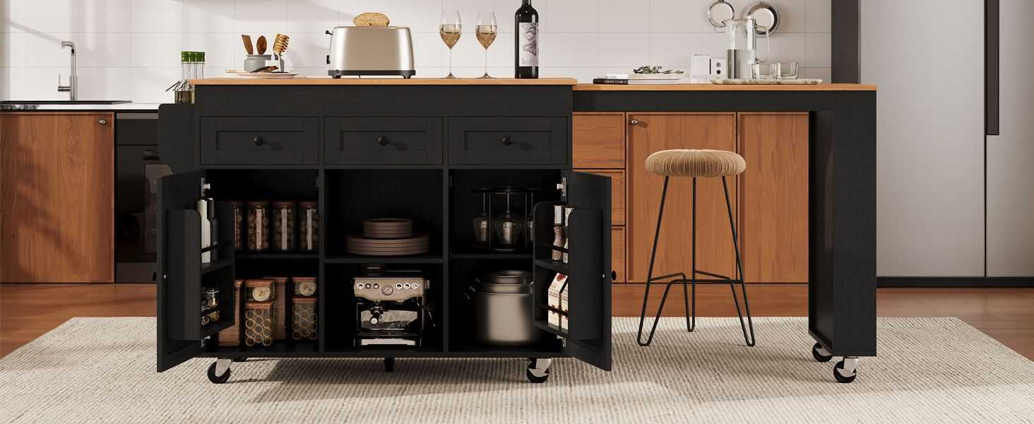 Kitchen Island with Extendable Dining Table, Kitchen Storage Table with 3 Side Open Shelves, Rolling Kitchen Island with Power Outlet, 3 Drawers, 2 Doors, for Kitchen, Dining Room, Black - luxuryhomedecoridea.com