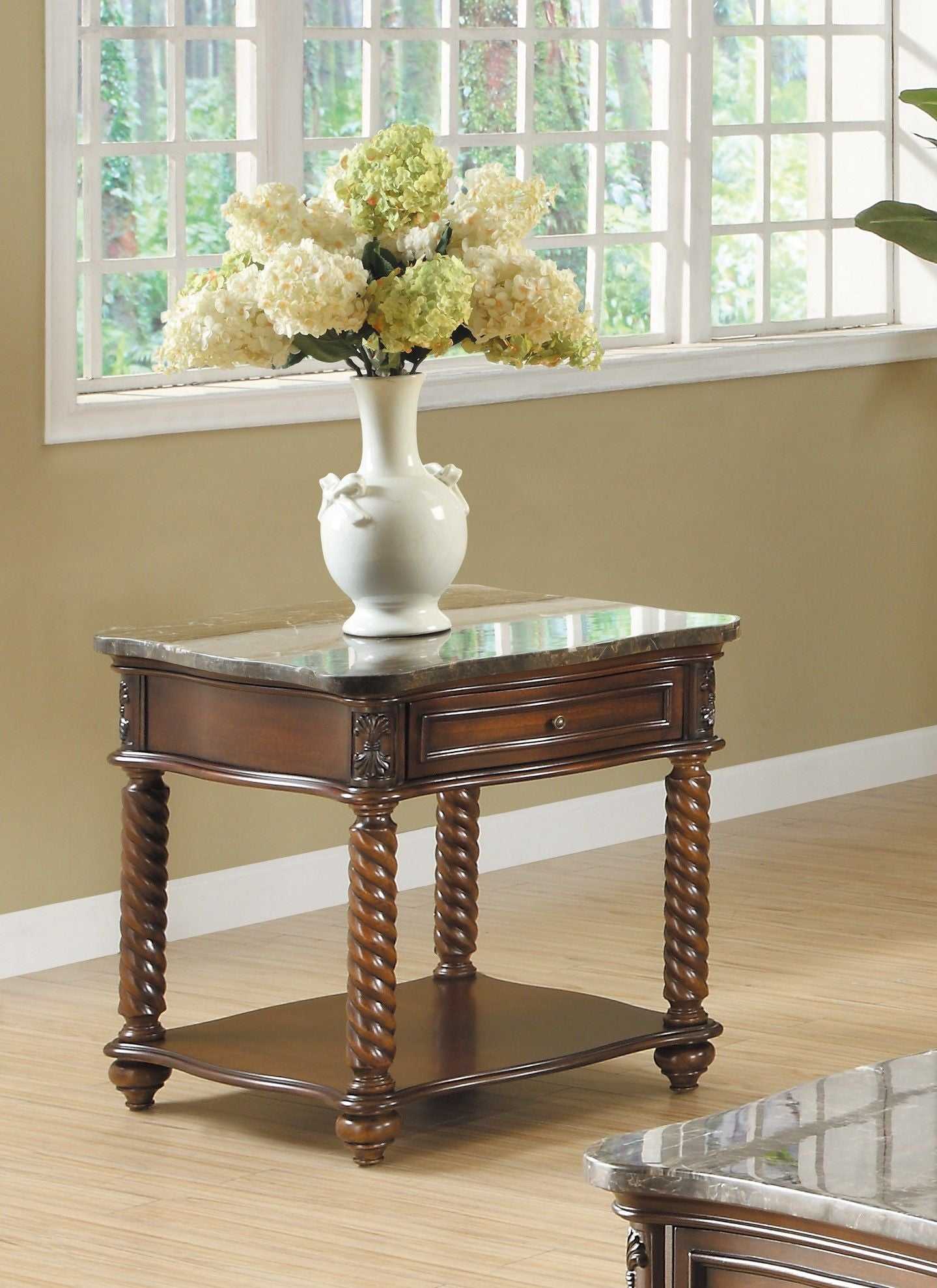 Traditional Formal Marble Top End Table with Drawer Lower Shelf Mahogany Finish Spiral Turned Legs Wooden 1pc Living Room Furniture Side Table - luxuryhomedecoridea.com