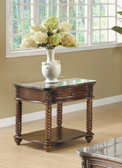 Traditional Formal Marble Top End Table with Drawer Lower Shelf Mahogany Finish Spiral Turned Legs Wooden 1pc Living Room Furniture Side Table - luxuryhomedecoridea.com