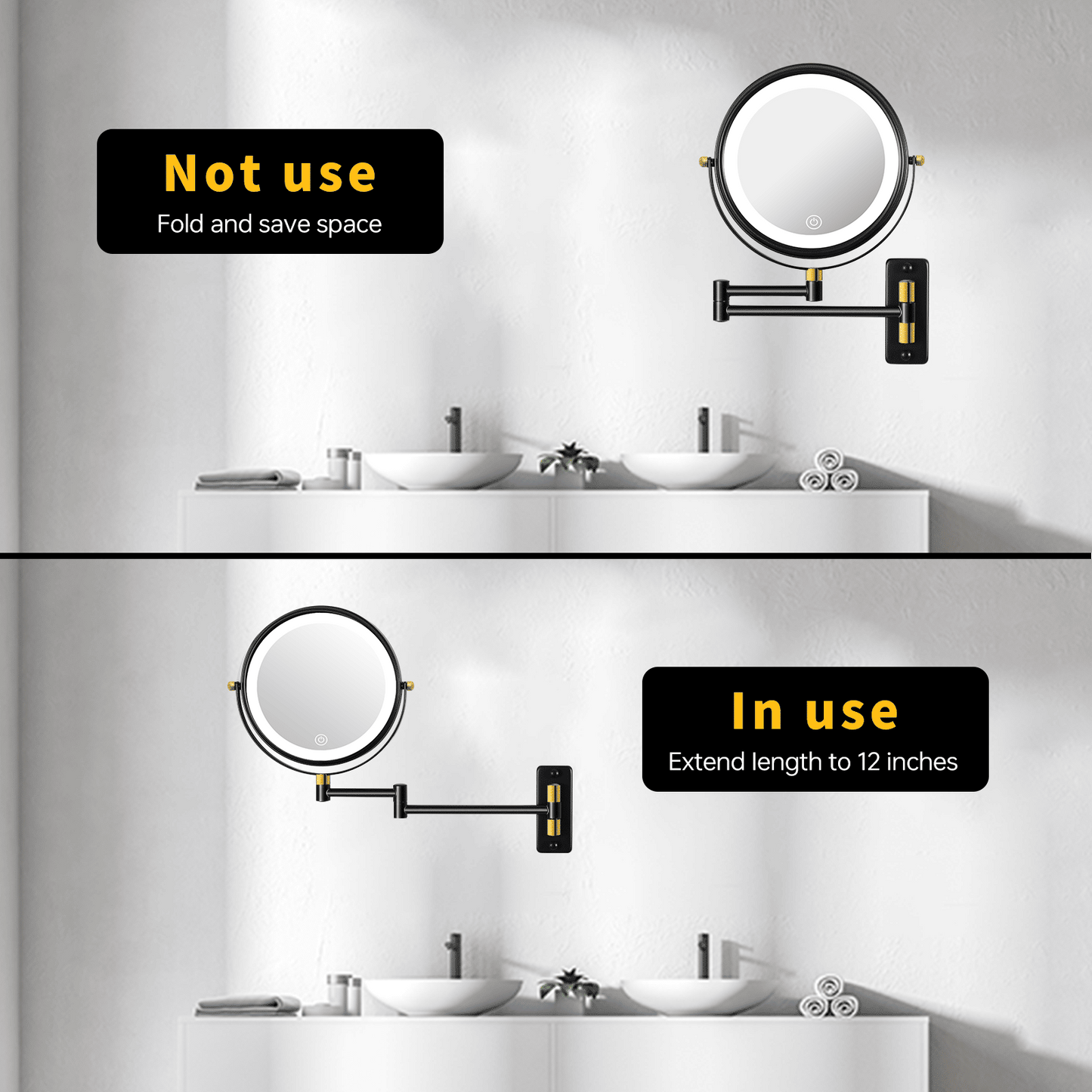 8.6" Wall Mounted Makeup Mirror with LED Lights, Double Sided 1X/10X Magnifying Mirror, 360° Swivel Bathroom Vanity Mirror with Extension Arm, Built-in Battery, Black + Gold - luxuryhomedecoridea.com